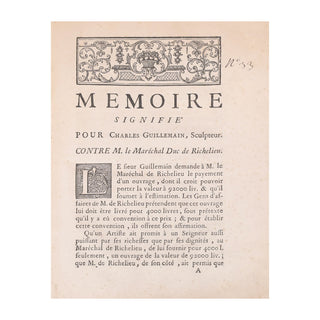 LE SUEUR DE PETIVILLE – Mémoire signifié pour Charles Guillemain, Sculpteur. Contre M. le Maréchal Duc de Richelieu. 1765.
