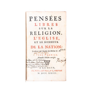 MANDEVILLE - Pensées libres sur la religion, l’Église et le bonheur de la nation. 1723.