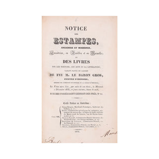 [CATALOGUE] - Notice du cabinet de feu M. le baron Gros. 1835.