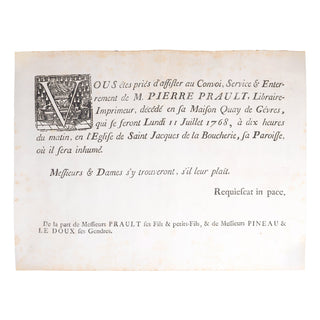 [PLACARD] - Placard mortuaire pour l’enterrement du libraire-imprimeur Pierre Prault. 1768.