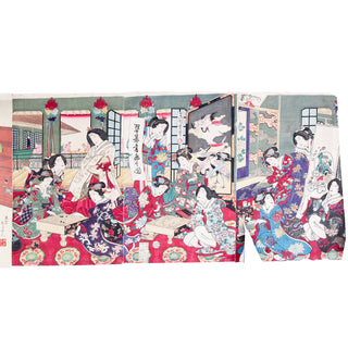 [SIX TRIPTYQUES UKIYO-E MONTÉS EN ROULEAU] - Scènes de théâtre Kabuki. Fin XIXe siècle.