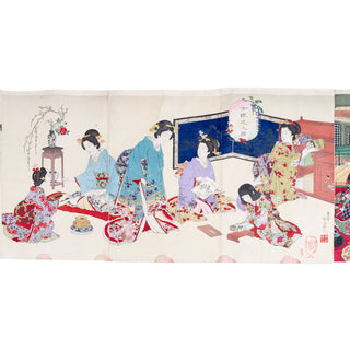 [SIX TRIPTYQUES UKIYO-E MONTÉS EN ROULEAU] - Scènes de théâtre Kabuki. Fin XIXe siècle.