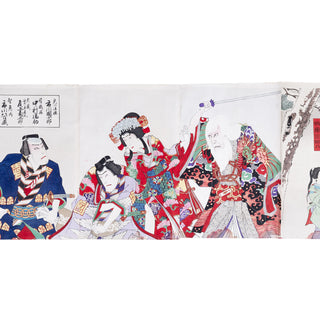 [SIX TRIPTYQUES UKIYO-E MONTÉS EN ROULEAU] - Scènes de théâtre Kabuki. Fin XIXe siècle.